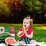 Plant, People In Nature, Green, Nature, Leaf, Happy, Dress, Sunlight, Grass, Fruit, Leisure, Watermelon, Summer, Morning, Sunglasses, Natural Landscape, Baby & Toddler Clothing, Child, Fun, Baby, Person