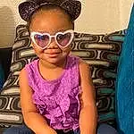 Hair, Face, Glasses, Head, Lip, Smile, Vision Care, Goggles, Sunglasses, Purple, Blue, Human Body, Neck, Sleeve, Eyewear, Happy, Cool, Baby & Toddler Clothing, Black Hair, Fashion Design, Person