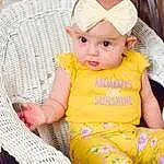 Cheek, Skin, Baby & Toddler Clothing, Chair, Comfort, Yellow, Baby, Cap, Grass, Toddler, Pattern, Lap, Thigh, Child, Sitting, Baby Products, Human Leg, Fun, Fashion Accessory, Leisure, Person, Headwear
