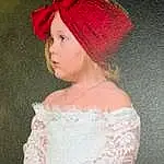 Face, Hair, Head, Lip, Hairstyle, Eyes, Dress, Sleeve, Textile, Pink, Art, Cap, Baby & Toddler Clothing, Headgear, Embellishment, Red, Gown, Day Dress, Paint, Headpiece, Person, Headwear