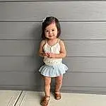 Footwear, Joint, Shoulder, Smile, Flash Photography, Sleeve, Happy, Gesture, Wood, Waist, Day Dress, Toddler, Knee, Baby & Toddler Clothing, Sandal, Human Leg, Trunk, Pattern, Child, Foot, Person, Joy