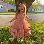 Face, Smile, Plant, Eyes, Leaf, Window, Tree, Dress, People In Nature, Happy, Sunlight, Pink, Grass, Toddler, Day Dress, Tints And Shades, Magenta, Fun, Lawn, Leisure, Person, Joy