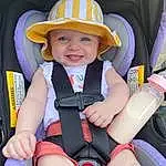 Clothing, Smile, Skin, Eyes, White, Leg, Blue, Yellow, Thigh, Headgear, Toddler, Happy, Hat, Finger, Baby & Toddler Clothing, Fun, Sun Hat, Summer, Personal Protective Equipment, Leisure, Person, Joy, Headwear