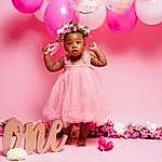 Photograph, Light, Dress, Plant, Lighting, Happy, Balloon, Pink, Magenta, Party Supply, Toddler, Petal, Baby & Toddler Clothing, Beauty, Event, Headpiece, Peach, Fun, Baby, Person
