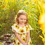 Hair, Face, Smile, Plant, Eyes, Flower, People In Nature, Nature, Botany, Dress, Happy, Yellow, Sunlight, Grass, Fawn, Morning, Summer, Meadow, Grassland, Person, Joy