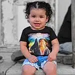 Face, Joint, Smile, Head, Shoe, Hairstyle, Eyes, Facial Expression, Shorts, Leg, Black, Sleeve, Flash Photography, Standing, Happy, Baby & Toddler Clothing, Style, Thigh, T-shirt, Person, Joy