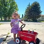 Tire, Wheel, Sky, Plant, Riding Toy, Vehicle, Tread, Tree, Dress, Helmet, Rolling, Pink, Grass, Public Space, Toddler, Automotive Tire, Automotive Wheel System, Fun, Vroom Vroom, Baby & Toddler Clothing, Person, Headwear