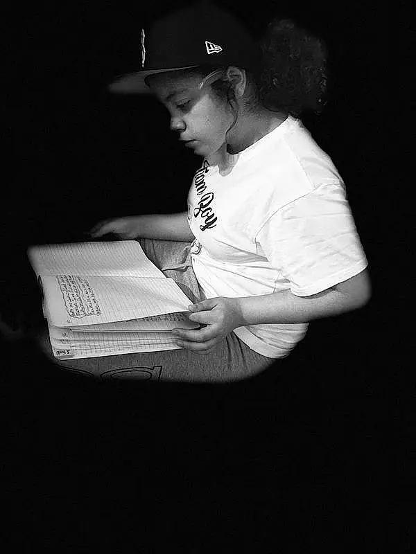 Flash Photography, Cap, Sleeve, Style, Elbow, Baseball Cap, Tints And Shades, Black & White, Monochrome, Darkness, T-shirt, Writing, Font, Human Leg, Hat, Sitting, Office Equipment, Entertainment, Book, Room, Person