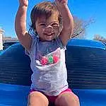 Footwear, Sky, Shoulder, Leg, Blue, Smile, Happy, Shorts, Gesture, Pink, Trampolining--equipment And Supplies, Leisure, Toddler, Summer, T-shirt, Fun, Recreation, Thigh, Grass, Baby & Toddler Clothing, Person, Joy