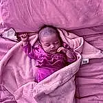 Face, Head, Hand, Comfort, Purple, Textile, Sleeve, Violet, Pink, Baby, Infant Bed, Magenta, Toddler, Linens, Beauty, Baby Products, Bed, Bedding, Baby & Toddler Clothing, Person