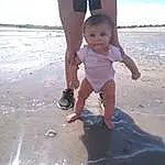 Water, Sky, Shorts, Photograph, Cloud, People On Beach, White, People In Nature, Leg, Beach, Natural Environment, Standing, Happy, Gesture, Body Of Water, Fun, Toddler, Summer, Barefoot, Sand, Person