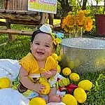 Smile, Plant, Flower, Happy, Yellow, People In Nature, Toy, Flowerpot, Leisure, Grass, Baby & Toddler Clothing, Tree, Baby, Toddler, Recreation, Balloon, Fun, Event, Garden, Child, Person, Joy, Headwear