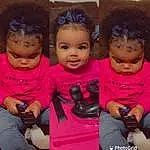 Forehead, Cheek, Skin, Hand, Facial Expression, Happy, Pink, Toy, Cool, Child, Doll, Fun, Black Hair, Friendship, Electronic Device, Art, Toddler, T-shirt, Event, Person