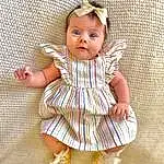 Eyes, Dress, Baby & Toddler Clothing, Textile, Sleeve, One-piece Garment, Iris, Day Dress, Pattern, Beauty, Toddler, Sock, Ruffle, Fashion Design, Peach, Baby, Fashion Accessory, Brown Hair, Child, Wig, Person