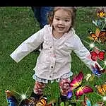Smile, Pollinator, Insect, People In Nature, Butterfly, Leaf, Green, Botany, Arthropod, Moths And Butterflies, Flower, Happy, Pink, Plant, Toddler, Petal, Baby & Toddler Clothing, Grass, Summer, Person, Joy