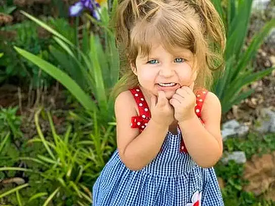 Hair, Face, Skin, Head, Flower, Plant, Smile, Eyes, People In Nature, Blue, Leaf, Baby & Toddler Clothing, Purple, Sleeve, Happy, Dress, Grass, Iris, Toddler, Summer, Person, Joy