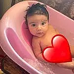Cheek, Skin, Head, Lip, Arm, Baby Bathing, Mouth, Comfort, Swimming Pool, Bathing, Pink, Finger, Material Property, Chest, Toddler, Happy, Leisure, Baby, Plumbing, Person