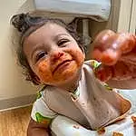 Face, Nose, Cheek, Skin, Smile, Lip, Arm, White, Mouth, Neck, Sleeve, Happy, Gesture, Baby & Toddler Clothing, Food Craving, Baby, Toddler, Fun, Thumb, Child, Person, Joy