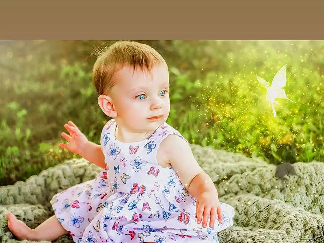 Plant, People In Nature, Baby & Toddler Clothing, Flash Photography, Sleeve, Dress, Happy, Sunlight, Grass, Toddler, Baby, T-shirt, Leisure, Tree, Pattern, Child, Sitting, Fun, Grassland, Picture Frame, Person