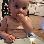 Face, Cheek, Skin, Head, Lip, Tableware, Eyes, Dishware, Table, White, Food, Plate, Baby, Food Craving, Cabinetry, Toddler, Finger, Serveware, Drinkware, Baby & Toddler Clothing, Person