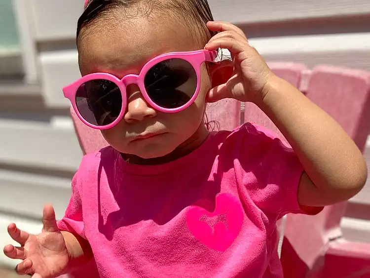 Glasses, Hairstyle, Goggles, Vision Care, Sunglasses, Eyewear, Purple, Sleeve, Baby & Toddler Clothing, Pink, Red, Cool, Happy, Headgear, Magenta, Toddler, Jean Short, Shorts, Leisure, Thigh, Person
