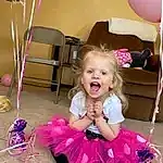 Smile, Hairstyle, Photograph, Furniture, Purple, Fashion, Textile, Happy, Baby & Toddler Clothing, Pink, Violet, Dress, Magenta, Toddler, Chair, Ballerina tutu, Fun, Person