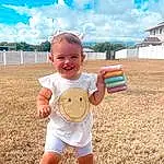 Sky, Cloud, Smile, Daytime, Facial Expression, Blue, People In Nature, Happy, Shorts, Gesture, Sunlight, Finger, Toddler, Grass, Cool, Leisure, Fun, Summer, Baby, Tree, Person, Joy