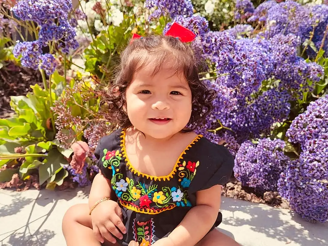 Flower, Smile, Plant, Photograph, Botany, Purple, Nature, Iris, People In Nature, Happy, Petal, Pink, Grass, Baby & Toddler Clothing, Summer, Toddler, Flower Arranging, Sandal, Magenta, Electric Blue, Person, Joy