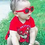 Glasses, Vision Care, Goggles, Sunglasses, Plant, Green, Baby & Toddler Clothing, Eyewear, People In Nature, Grass, Happy, Cool, Red, Toddler, Summer, Shorts, Child, Baby, T-shirt, Person