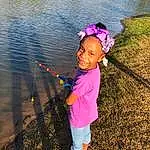 Water, People In Nature, Nature, Hat, Happy, Grass, Sunlight, Lake, Body Of Water, Toddler, Leisure, Tints And Shades, Recreation, Fishing Rod, Landscape, Travel, Fun, Magenta, Shore, Boats And Boating--equipment And Supplies, Person, Joy