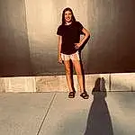 Shoulder, Leg, Flash Photography, Standing, Thigh, Knee, Eyewear, Waist, Black Hair, Asphalt, Tints And Shades, Long Hair, Road Surface, Human Leg, Fashion Design, T-shirt, Road, Electric Blue, Sandal, Brown Hair, Person, Joy
