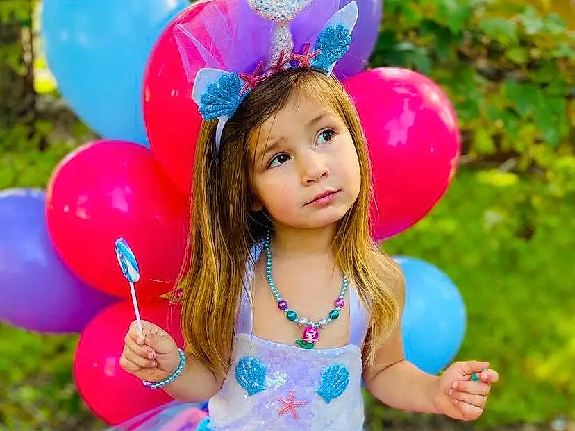 Mythical Creature, Azure, Purple, Happy, Dress, Pink, Balloon, Violet, Magenta, Headpiece, Fun, Electric Blue, Beauty, Petal, Party Supply, Long Hair, Event, Entertainment, Child, Fashion Accessory, Person