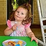 Jeans, Table, Tableware, Food, Smile, Dress, Plate, Chair, Food Craving, Toddler, Sharing, Leisure, Summer, Fun, Child, Grass, Bowl, Happy, T-shirt, Recreation, Person