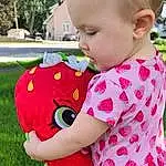 Clothing, Nose, Skin, Hand, White, Plant, Green, Baby & Toddler Clothing, Happy, Textile, Sleeve, Pink, Dress, Grass, Finger, Red, T-shirt, Toddler, Person