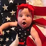 Eyes, Facial Expression, Baby & Toddler Clothing, Sleeve, Happy, Gesture, Baby, Finger, Toddler, Red, People, Fun, Flash Photography, Event, Child, Pattern, Costume Hat, Entertainment, Flag Of The United States, Carmine, Person, Surprise
