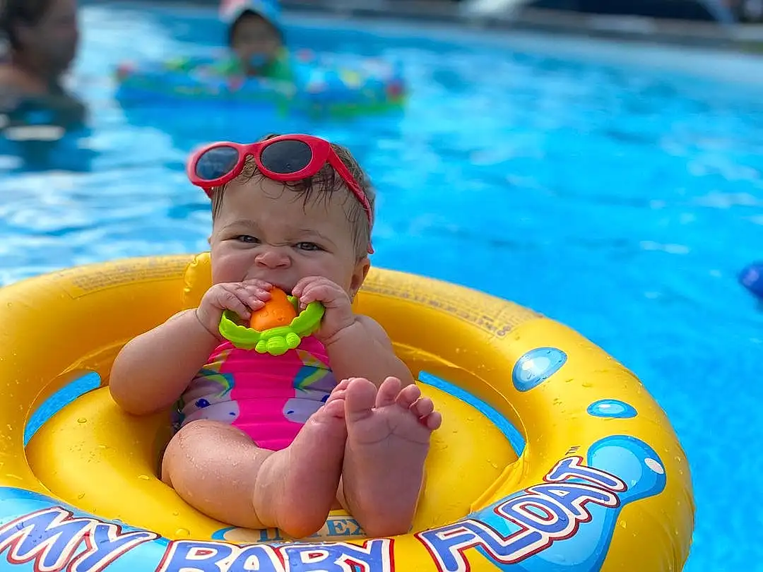 Water, Baby Float, Swimming Pool, Happy, Outdoor Recreation, Toddler, Aqua, Leisure, Bathing, Baby, Tubing, Recreation, Fun, Personal Protective Equipment, Child, Nonbuilding Structure, Games, Inflatable, Play, Person, Under Exposed