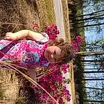 Hair, Plant, Flower, People In Nature, Human Body, Tree, Wood, Happy, Pink, Woody Plant, Leisure, Grass, Tints And Shades, Fun, Magenta, Toddler, Shrub, Pattern, Human Leg, Landscape, Person