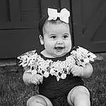 Face, Smile, Baby & Toddler Clothing, Flash Photography, Happy, Sleeve, Iris, Style, Black-and-white, Headpiece, Grass, Child, Baby, Fun, Toddler, Headband, Black & White, Monochrome, Art, Jewellery, Person