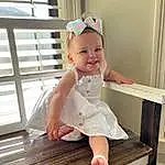 Clothing, Skin, Chin, Hand, Smile, Facial Expression, Leg, Window, Dress, Baby & Toddler Clothing, Standing, Baby, Pink, Finger, Toddler, Happy, Wood, Child, Flash Photography, Stairs, Person, Joy