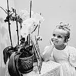 Smile, Photograph, Plant, White, Dress, Flower, Black-and-white, Style, Happy, Headgear, Flowerpot, Flash Photography, Headpiece, Rose, Black & White, Vintage Clothing, Monochrome, Toddler, Day Dress, Hat, Person, Joy