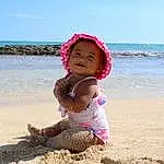 Face, Water, Head, Sky, People On Beach, Hat, Smile, Beach, People In Nature, Happy, Coastal And Oceanic Landforms, Body Of Water, Travel, Fun, Toddler, Summer, Leisure, Sand, Horizon, Wind Wave, Person, Joy, Headwear