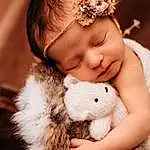 Skin, Hand, Ear, Textile, Flash Photography, Gesture, Happy, Interaction, Finger, Baby, Fawn, Comfort, Toy, Stuffed Toy, Toddler, Hat, Headpiece, Event, Child, Person