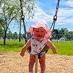Sky, Tree, Leaf, Plant, People In Nature, Happy, Cloud, Sun Hat, Leisure, Toddler, Hat, Grass, Playground, Fun, Swing, Baby & Toddler Clothing, Recreation, Landscape, Outdoor Play Equipment, Child, Person, Joy, Headwear