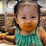 Face, Food, Head, Photograph, Table, Eyelash, Yellow, Chair, Food Craving, Happy, French Fries, Sharing, Toddler, Cuisine, Fun, Dish, Baby, Child, Fried Food, Person