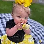 Eyes, Yellow, Happy, Baby & Toddler Clothing, Dress, Grass, Toddler, Fun, Baby, Event, Party Supply, Sitting, Sweetness, Happy Birthday!, Petal, Chair, Leisure, Headband, Child, Recreation, Person