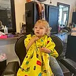 Hairstyle, Picture Frame, Dress, Chair, Toddler, Fun, Baby, Fashion Design, Child, Room, Event, Sitting, T-shirt, Bag, Play, Kitchen, Leisure, Costume, Baby Products, Person