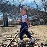 Sky, Plant, People In Nature, Tree, Wood, Track, Dress, Sunlight, Happy, Rolling, Public Space, Leisure, Toddler, Tints And Shades, Sneakers, Fun, Bridge, Child, Grass, Pattern, Person, Joy
