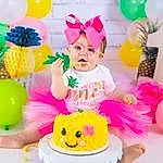 Food, Balloon, Cake, Cake Decorating Supply, Happy, Pink, Yellow, Birthday Party, Toy, Fun, Child, Party Supply, Sugar Cake, Leisure, Cake Decorating, Sweetness, Happy Birthday!, Magenta, Event, Toddler, Person