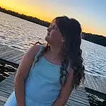 Water, Sky, Hairstyle, Flash Photography, Happy, People In Nature, Standing, Sunlight, Lake, Summer, Fun, Leisure, Wood, Beauty, Travel, Long Hair, Horizon, Dusk, Electric Blue, Ocean, Person