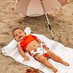 Umbrella, White, Orange, Shade, People On Beach, Shorts, Outdoor Furniture, Comfort, Happy, Leisure, Baby, Summer, People, Travel, Toddler, Chair, Fun, People In Nature, Recreation, Landscape, Person